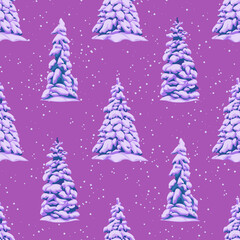 Pattern of snow-covered Christmas trees on a purple background in cartoon style for printing and decoration.Vector illustration.
