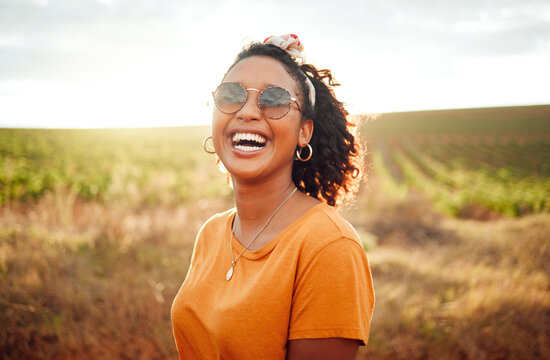 Happy, farm and black woman on holiday in the countryside of Colombia for adventure, peace and calm in summer. Face portrait of African girl with smile for travel vacation in agriculture and nature