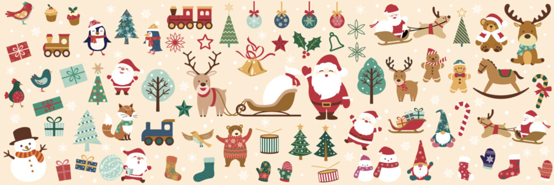 Christmas Design Element Vector Illustration Set Isolated On A Plain Background.