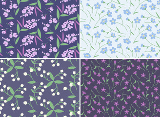 Collection of seamless patterns with wildflowers. Beautiful nature textures in flat style.