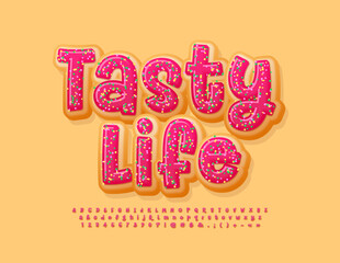 Fototapeta premium Vector delicious emblem Tasty Life. Delicious Donut Font. Sweet Alphabet Letters, Numbers and Symbols set