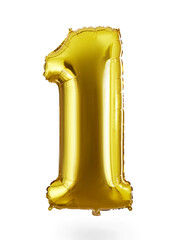 Close-up shot of a golden foil balloon in the form of number one. The large golden balloon is isolated on a white background. Front view.