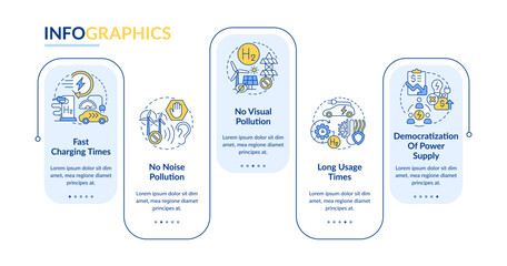 Hydrogen fuel cells pros rectangle infographic template. Renewable power. Data visualization with 5 steps. Editable timeline info chart. Workflow layout with line icons. Lato Bold, Regular fonts used © bsd studio