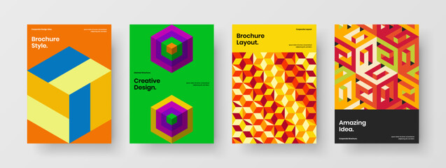 Colorful mosaic shapes corporate identity illustration bundle. Amazing brochure A4 design vector layout set.