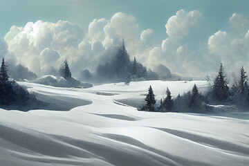 A winter landscape with snow, Generative AI