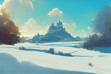 Winter landscape with snow-covered mountains, Generative AI