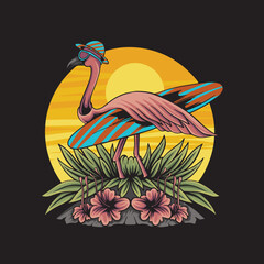 flamingo design illustration with surfboard and floral with vintage style