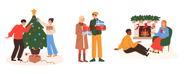 Happy couples preparing for Christmas holidays at home. People decorating Xmas tree, presenting and buy gifts. Preparation for winter holidays. Set of flat vector illustrations isolated.