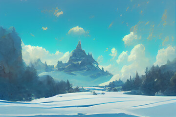 Winter landscape with snow-covered mountains, Generative AI