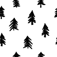 Abstract black trees seamless vector pattern. Needle tree, forest, doodle hand drawn repeating background black white monochrome. Christmas trees modern. For gift wrap, winter holiday decor, fabric.