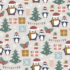 Christmas seamless pattern with cute penguins, New Year's gifts, trees and other elements. Vector design template. Happy New Year and Merry Christmas! 