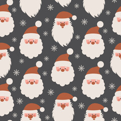 Christmas seamless pattern with cute Santa Claus on a dark background. Happy New Year pattern with Santa. Vector design template.