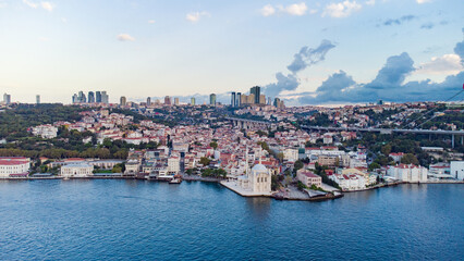 Fototapeta na wymiar aerial view of Ortaköy Camii mosque and city of Istanbul behindl
