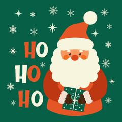 Christmas Greeting Card. Vector illustrations of a cheerful Santa Claus with gift. Vector design template. Christmas and Happy New Year background with Santa.