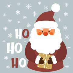 Christmas Greeting Card. Vector illustrations of a cheerful Santa Claus with gift. Vector design template.