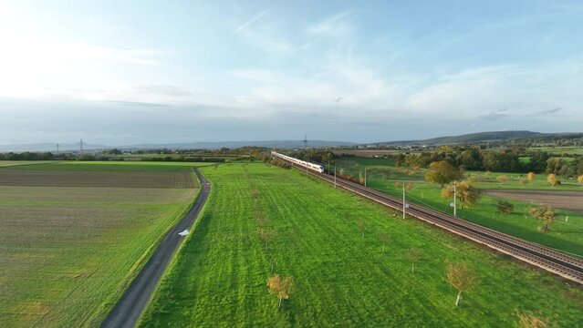 ICE Highspeed Train Railroad Track - Aerial View From Above