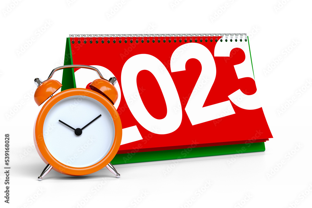 Poster alarm clock with january 2023 calendar on a white background. time and calendar concept. 3d renderin
