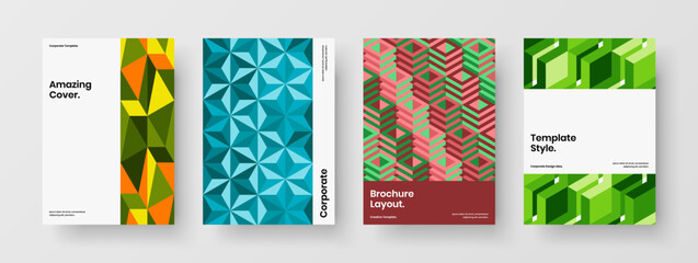 Bright mosaic hexagons booklet concept composition. Clean leaflet A4 vector design illustration bundle.