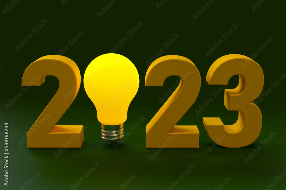 Aufkleber new year 2023 text with light bulb. 3d rendering