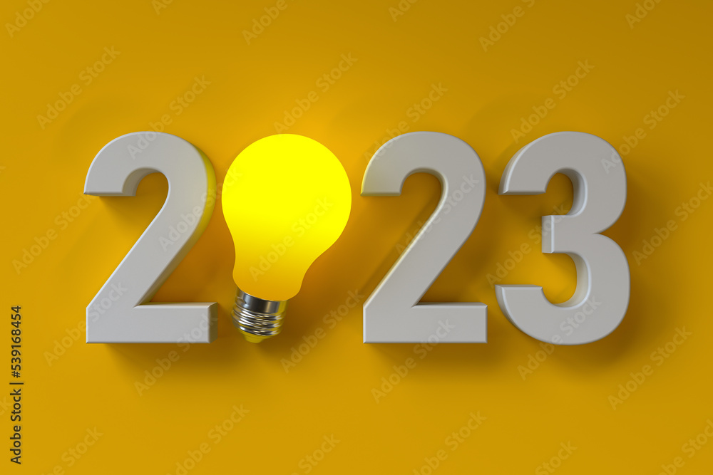 Aufkleber new year 2023 text with light bulb. 3d rendering