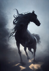 Gorgeous black horse in the foggy wood generated by Ai, is not based on any original image, character or person