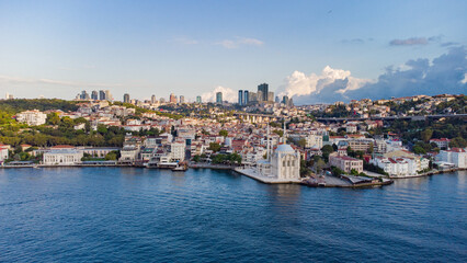 Fototapeta na wymiar Skyscrapers of istanbul behind Ortaköy Camii mosque and city behind, aerial view of the Bosporous in Istanbul