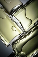 transparent jars with perfume lie on a light background. Close-up