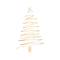 Golden Christmas tree stroke with a pen. Simple doodle in the shape of a Christmas tree. Icon for New Year and Christmas cards and congratulations