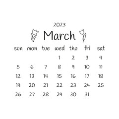 2023 march calendar with tulips. Black and white modern calendar with, monthly planner. Vector hand drawn doodle illustration. Modern simple design. Spring month