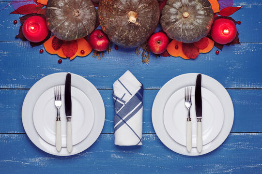 Halloween Table Setting At The Dark Blue Table