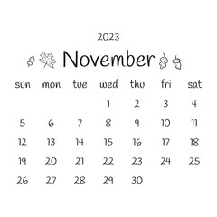 2023 november calendar with autumn leaves and acorns. Black and white modern calendar, monthly planner. Vector hand drawn doodle illustration. Modern simple design. Autumn month