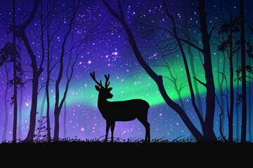 Lonely deer in misty forest. Animal silhouette. Green polar lights
