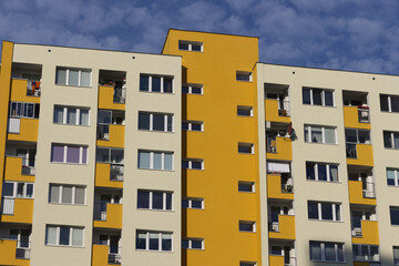 Yellow building in Warsaw, apartment block, panel building, Polish People's Republic, PRL,...