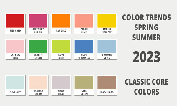 Fashion Color Trends Spring Summer 2023. Fashion Color Guide With Named Color Swatches, RGB, HEX Colors. Vector Illustration