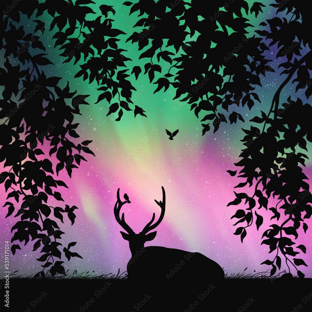 Sticker lying deer framed by leaves. animal silhouette. bright aurora borealis