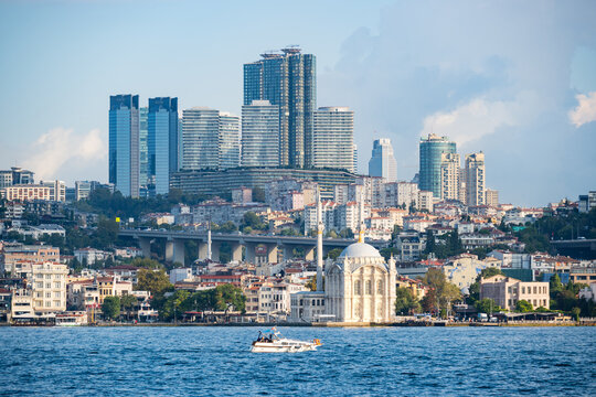 Skyscrapers of istanbul behind Ortak&ouml;y Camii mosque and city behind, aerial view of the Bosporous in Istanbul