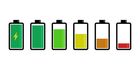 Battery indicator vector isolated on white background. Battery stack icon.Battery Icon Set. Color battery energy symbol collection.