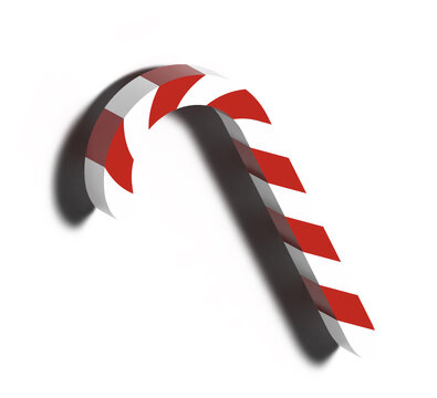 Red sugar striped candy in a curved shape on a whitw background. Christmas background, place for an inscription, 3D render illustration