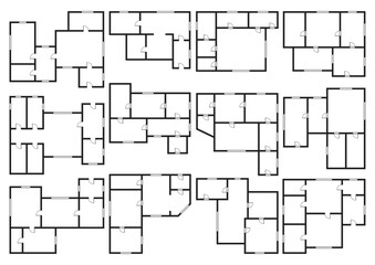 Apartment architectural plans set. Top view of floor plans. Vector blueprint projects of house. Professional layout in drawing form