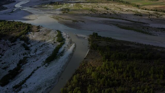 Aerial view of river mouth, river Drinos and river Vjose, Drino Valley, Albania