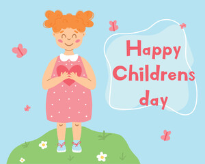 World Children's Day. Poster with a cute girl and a heart in her hands. Vector illustration. Greeting card for children's day.Cartoon style.