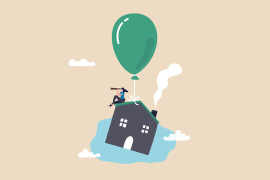 House Mortgage Interest Rate Rising Up, Home Loan Impact From Inflation, Real Estate Price Bubble Or Housing Investment Opportunity Concept, Home Owner With Telescope On Flying House With Balloon.