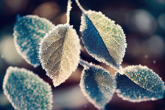 Frozen leafs. Close up. Beautiful background. 3d illustration