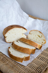 bread loaf sliced, under paper wrap.