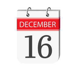 16 december calendar page. 3d one day calendar date appointment, event reminder illustration. 