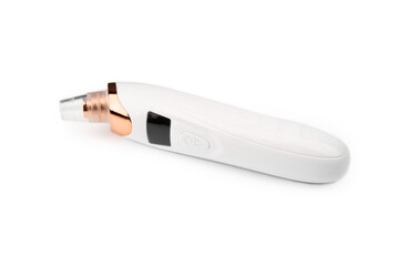 Cosmetic procedure at home, woman cleaning face with vacuum blackhead remover. Blackhead remover vacuum pore cleaner for clear skin modern cosmetology device, acne treatment.