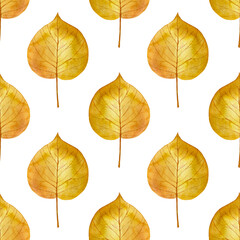 Fototapeta na wymiar Seamless pattern of yellow watercolor leaves on white background. Autumn foliage digital paper design. Hand drawn fabric and wallpaper print with botanical elements