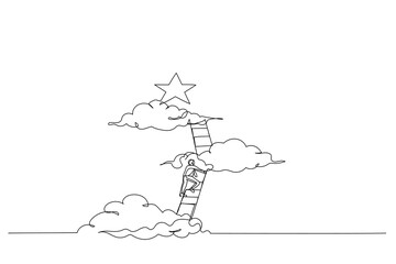 Illustration of businessman climbing career ladder to the the top and reaching for the star. Single line art style © rina