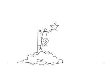 Cartoon of businessman reach out for the stars. One continuous line art style