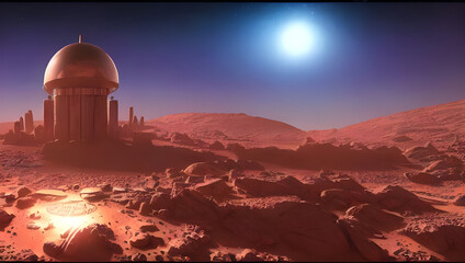 Fototapeta na wymiar metropolis city on mars under a shining glass dome - alien planet - science fiction - sci-fi - future - space - red desert - dune - concept art - digital painting - illustration
